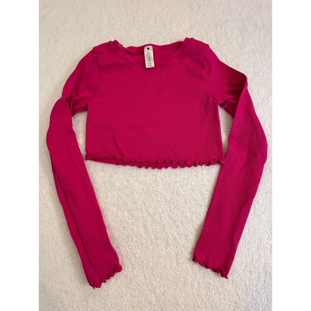 Yogalicious Ribbed Long Sleeve Crop Top Girls Large 12 Pink Stretch Lettuce Trim